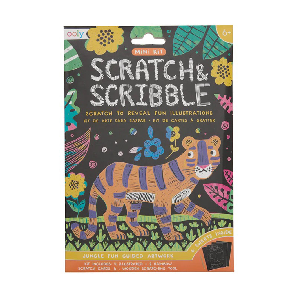 ooly jungle fun mini scratch and scribble art kit in packaging with a colorful tiger scratch art illustration on the front.