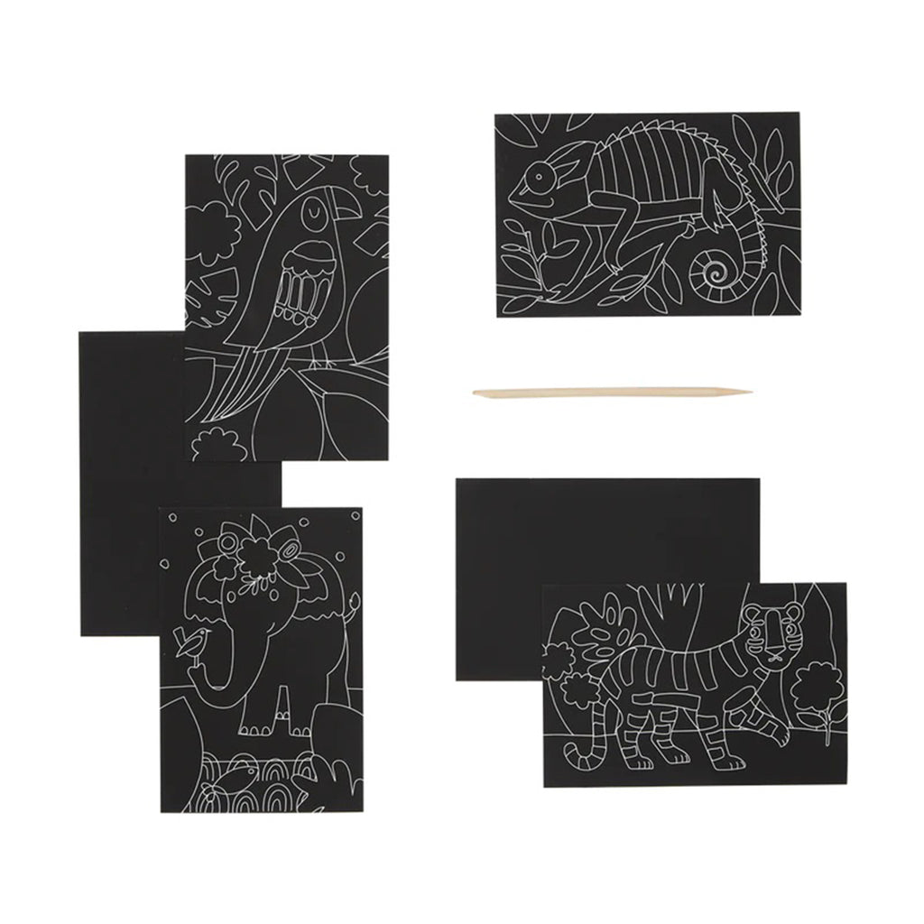 ooly jungle fun mini scratch and scribble art kit with 4 cards ready to trace with an elephant, chameleon, tiger and parrot and 2 blank black cards with wood pointed scratching tool