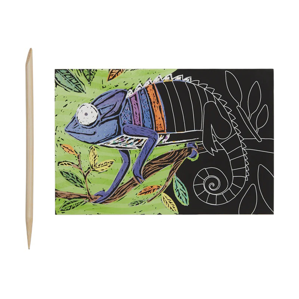 Chameleon illustration partially scratched to reveal colors underneath with a pointed wood scratch tool beside it.
