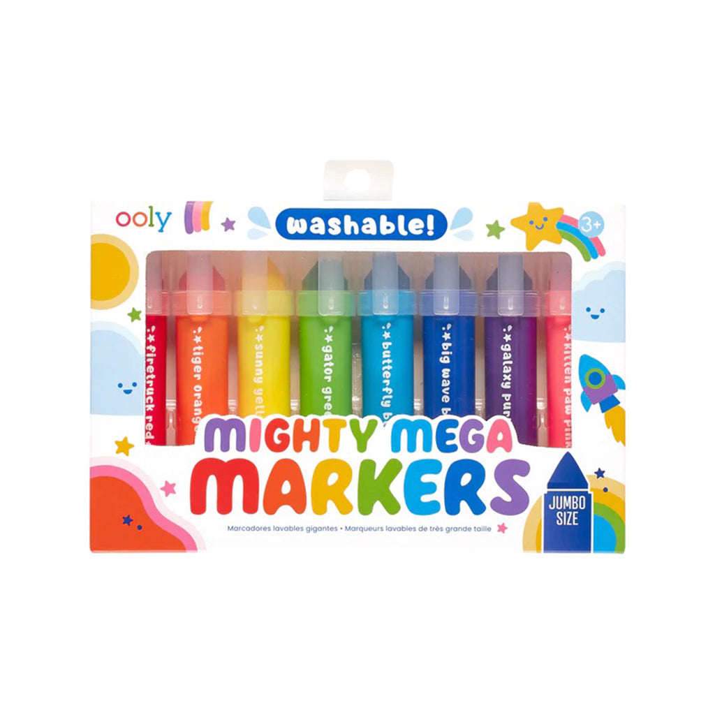 Set of 8 chunky markers in rainbow colors in white paper packaging with "mighty mega markers" in colorful letters with illustrations of clouds, a rocket, the sun and a star with green, blue and pink tail.