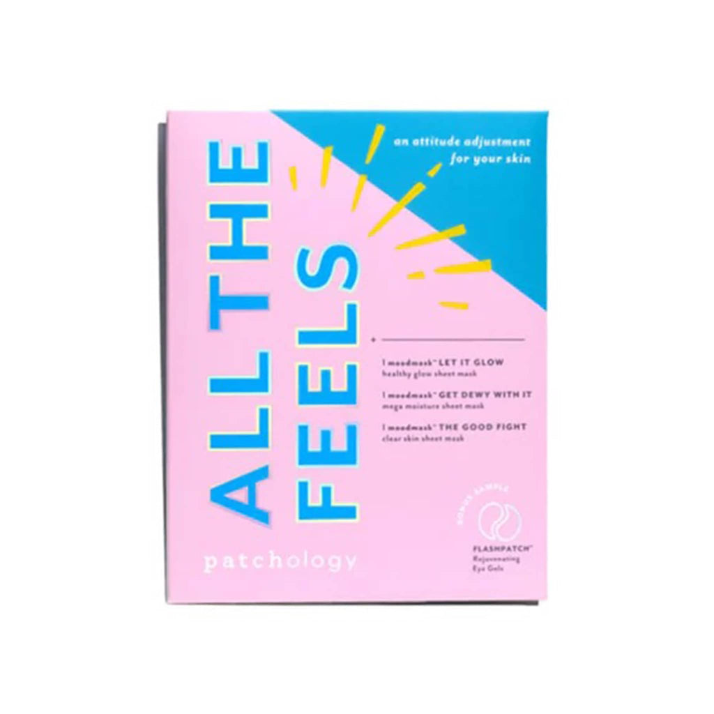 patchology all the feels 3 pack face sheet mask kit in packaging with pink and blue color block design.