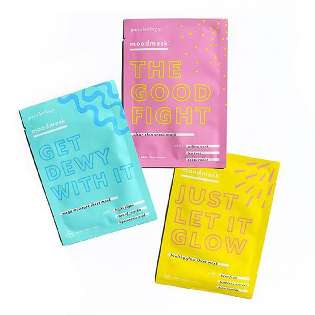 patchology all the feels 3 pack face sheet masks, individual packets shown in turquoise, pink and yellow.