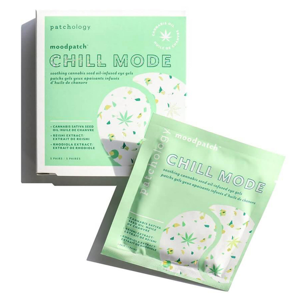patchology moodpatch chill mode soothing eye gels in green rip top packet with 2 under eye patch illustrations and matching box