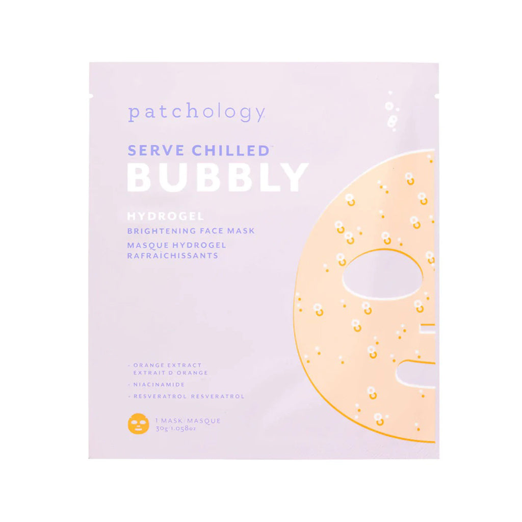 Patchology Serve Chilled Bubbly Hydrogel Brightening Face Mask in purple pouch.