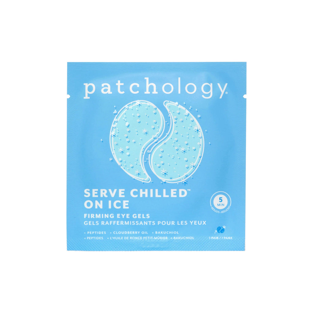 Patchology Serve Chilled on Ice Firming Eye Gels in blue pouch packaging.