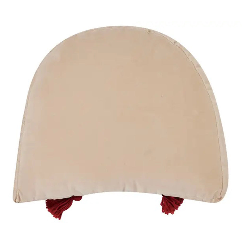 Back of Peking Handicraft In Bloom arc shaped hooked wool throw pillow with beige velvet covering.