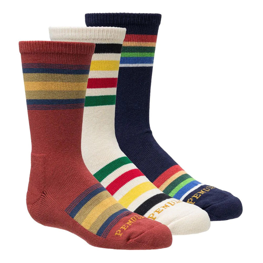 Pack of 3 pendleton national park socks in zion, glacier and crater lake patterns.