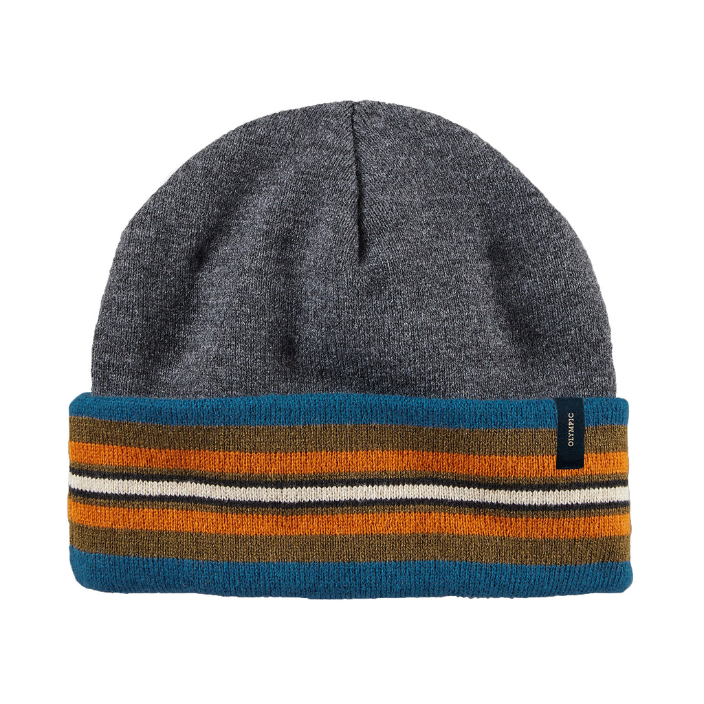 Gray acrylic winter beanie with pendleton olympic park stripes on brim in blue, brown, orange, white and black.