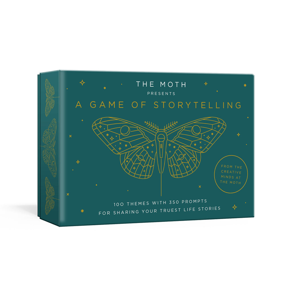 The moth presents a game of storytelling card game in dark green box with a moth illustration in gold on the front.