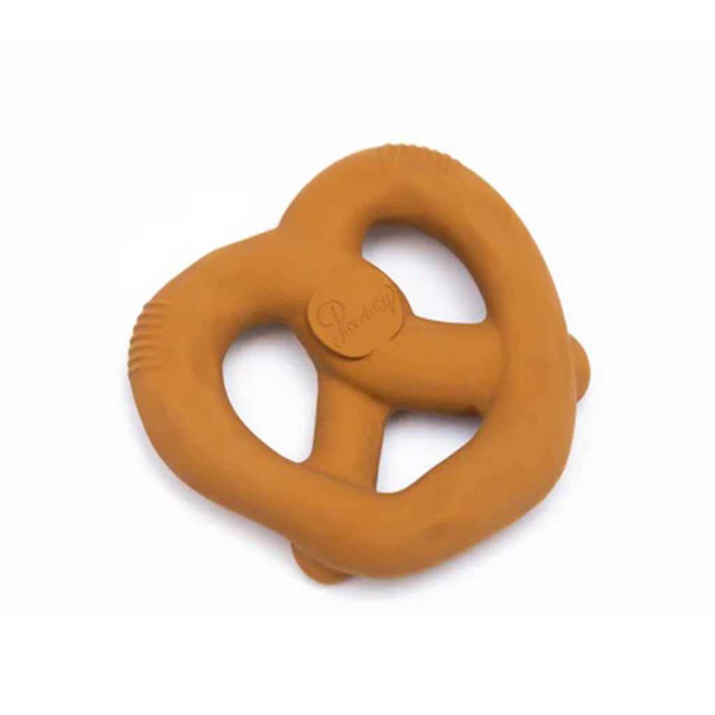 Back view of a soft pretzel shaped natural rubber baby teether bath toy.