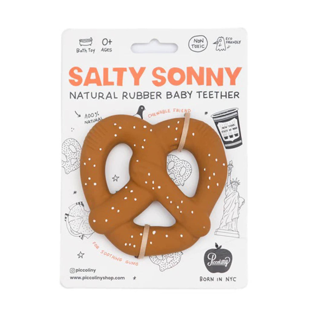 Soft pretzel shaped natural rubber baby teether bath toy on card packaging