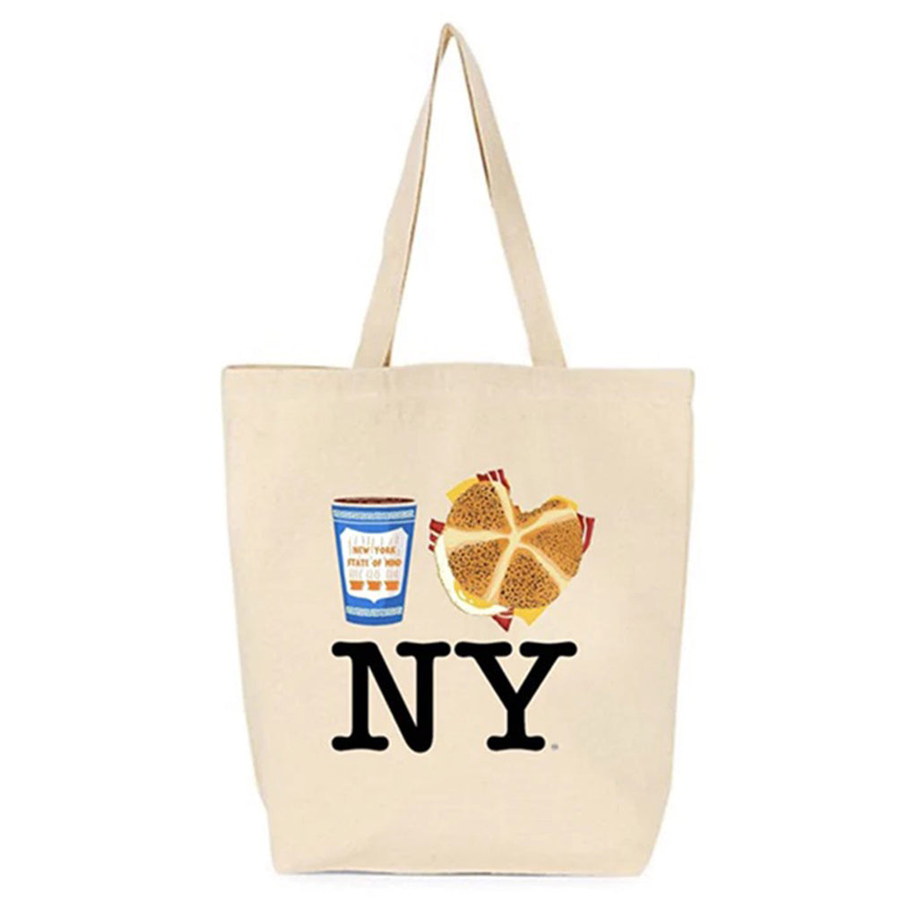 Off-white cotton canvas tote bag with an illustration of a greek coffee cup, a bacon egg and cheese sandwich on a roll and "ny" in black lettering.