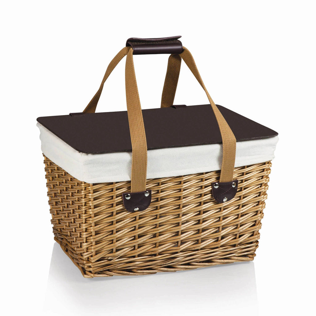 Canasta Wicker Picnic Basket with canvas handles, off-white fabric liner and a dark brown lid.