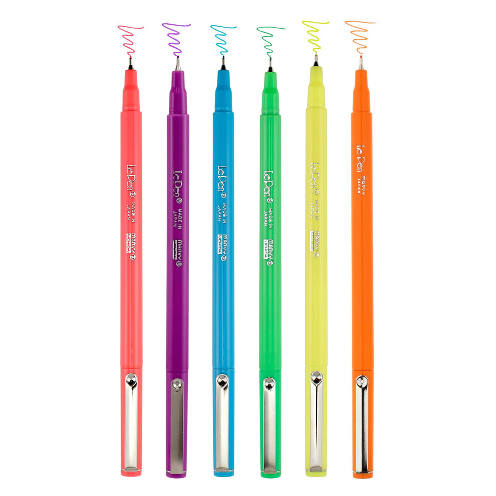 Pack of 6 Le Pens in neon colors, caps off with ink sample of each color.