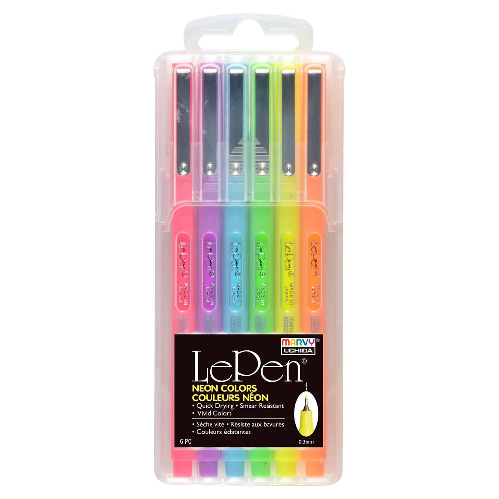 Pack of 6 Le Pens in neon colors in clear plastic packaging.