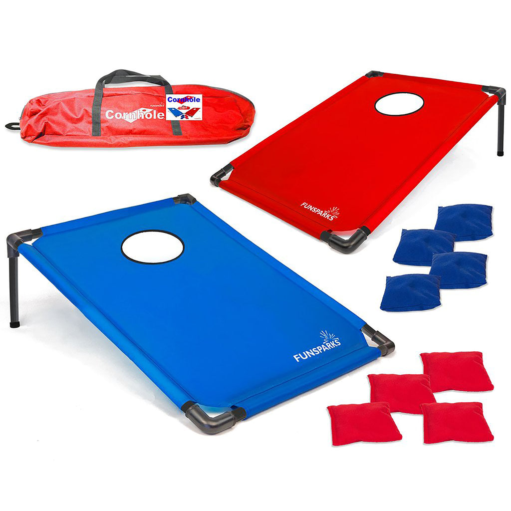 Funsparks Portable Cornhole set, bag with contents, a red and a blue frame with coordinating sandbags.