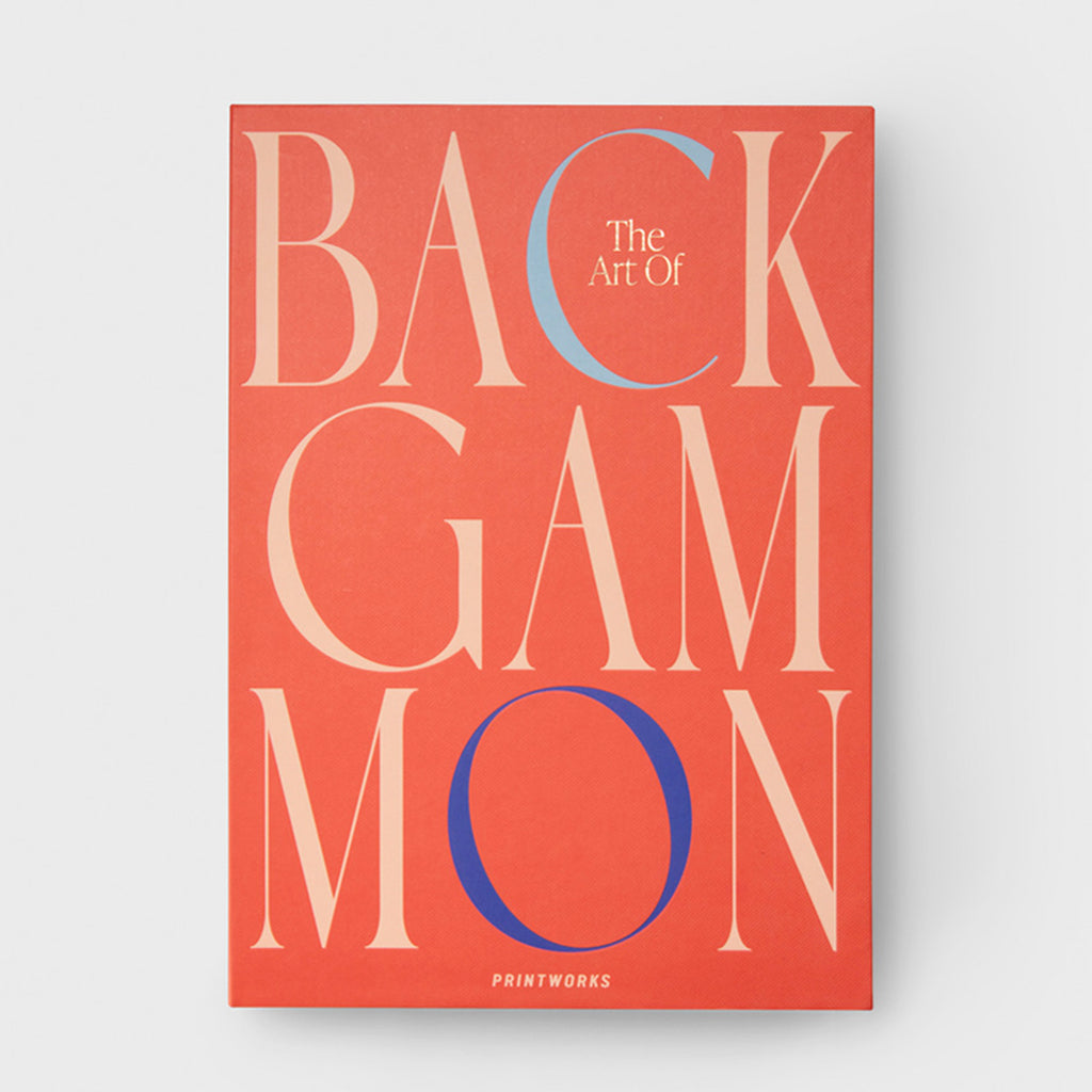 printworks the art of backgammon board game in bright orange box packaging.