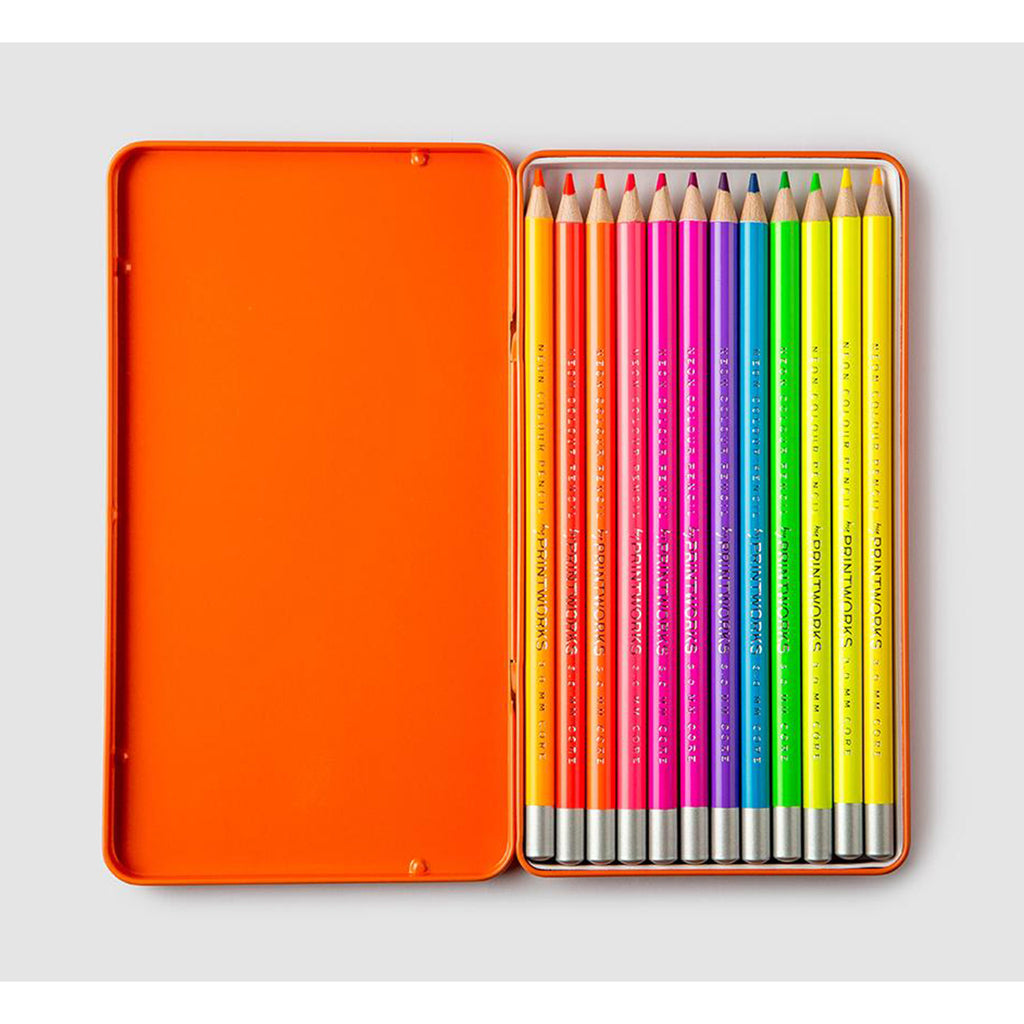 printworks 12 neon colored pencils set in tin packaging