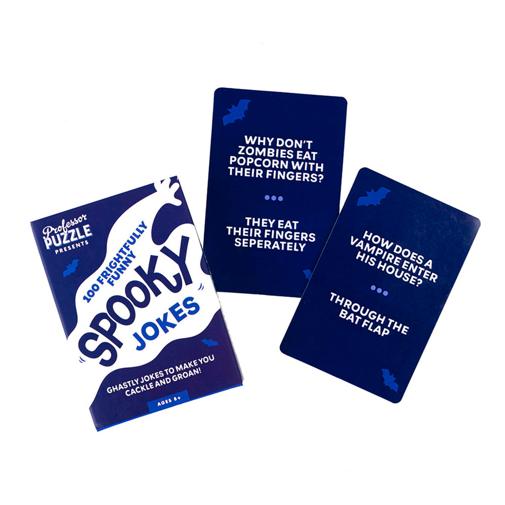 Spooky joke cards in box packaging front view with a white ghost and blue bat silhouettes on dark blue background along with 2 sample cards with jokes on them.