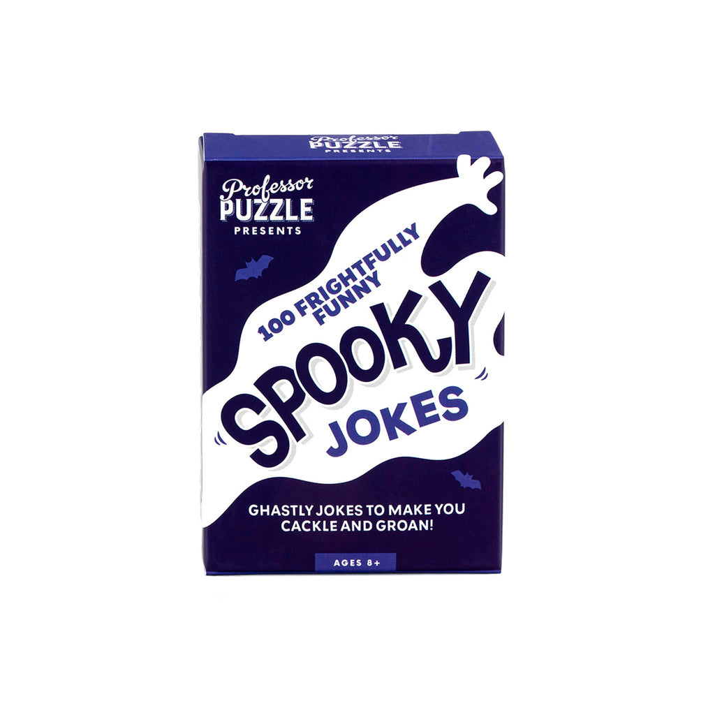 Spooky joke cards in box packaging front view with a white ghost and blue bat silhouettes on dark blue background.
