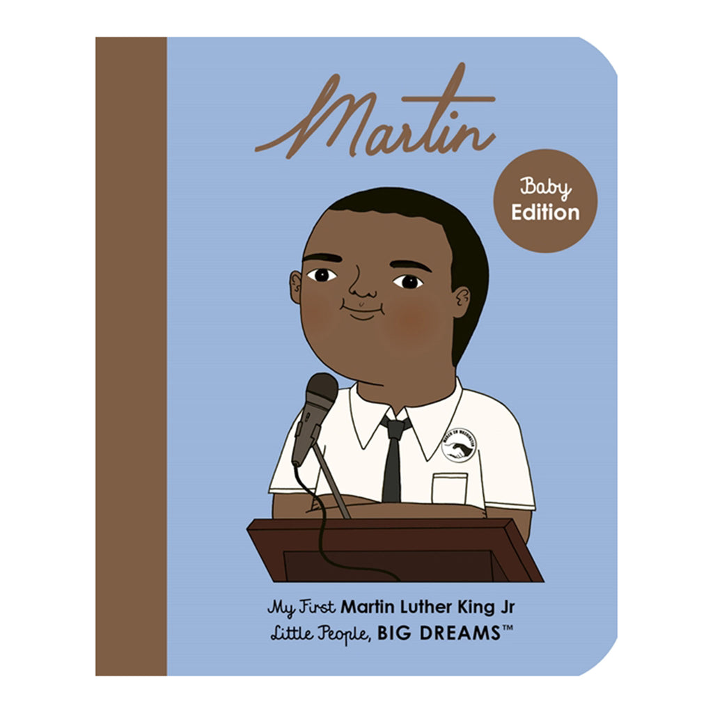 Martin Luther King Jr. baby and toddler board book cover with an illustration of him at a lectern on a blue background.