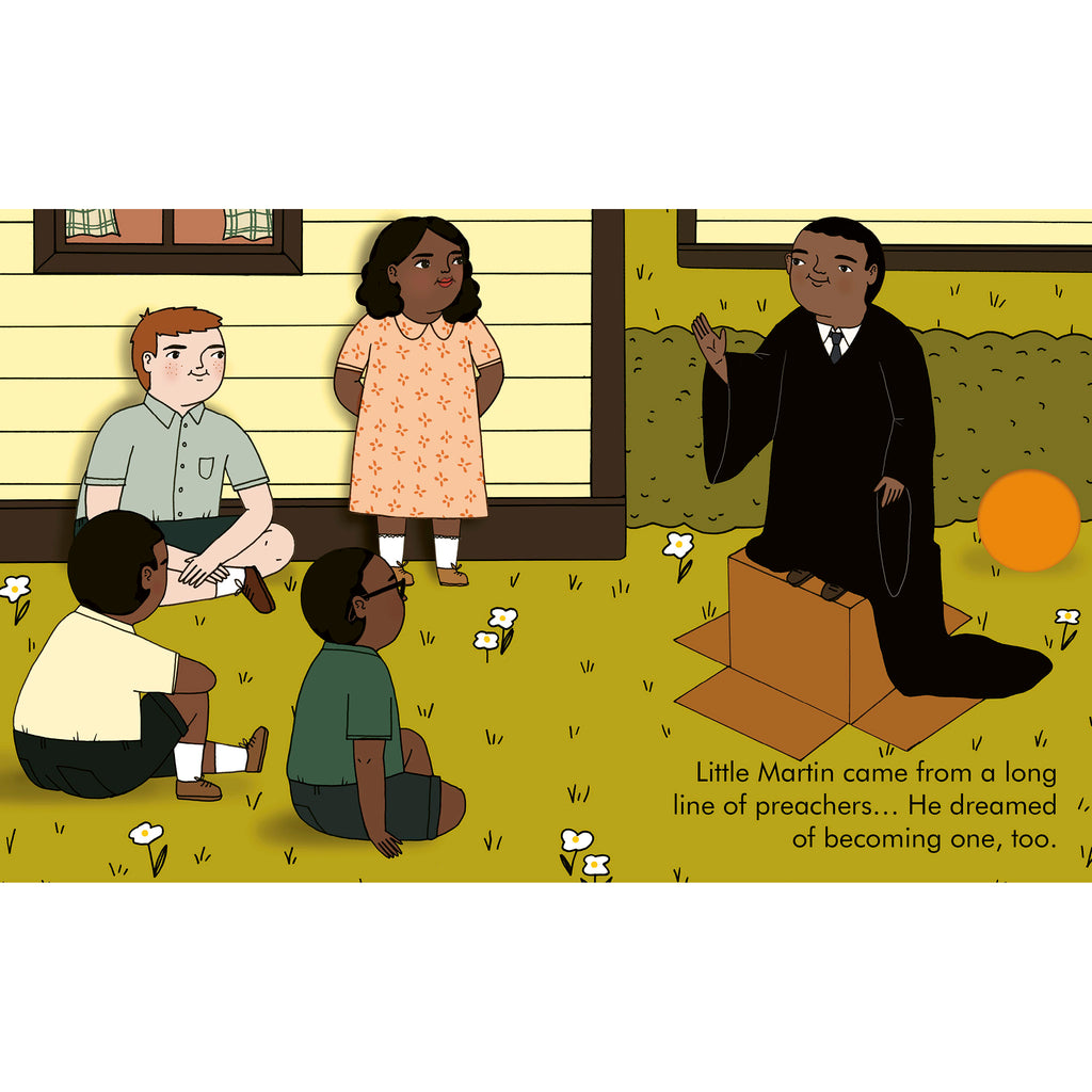 Sample page from Martin board book with an illustration of MLK Jr. dressed up as a preacher.