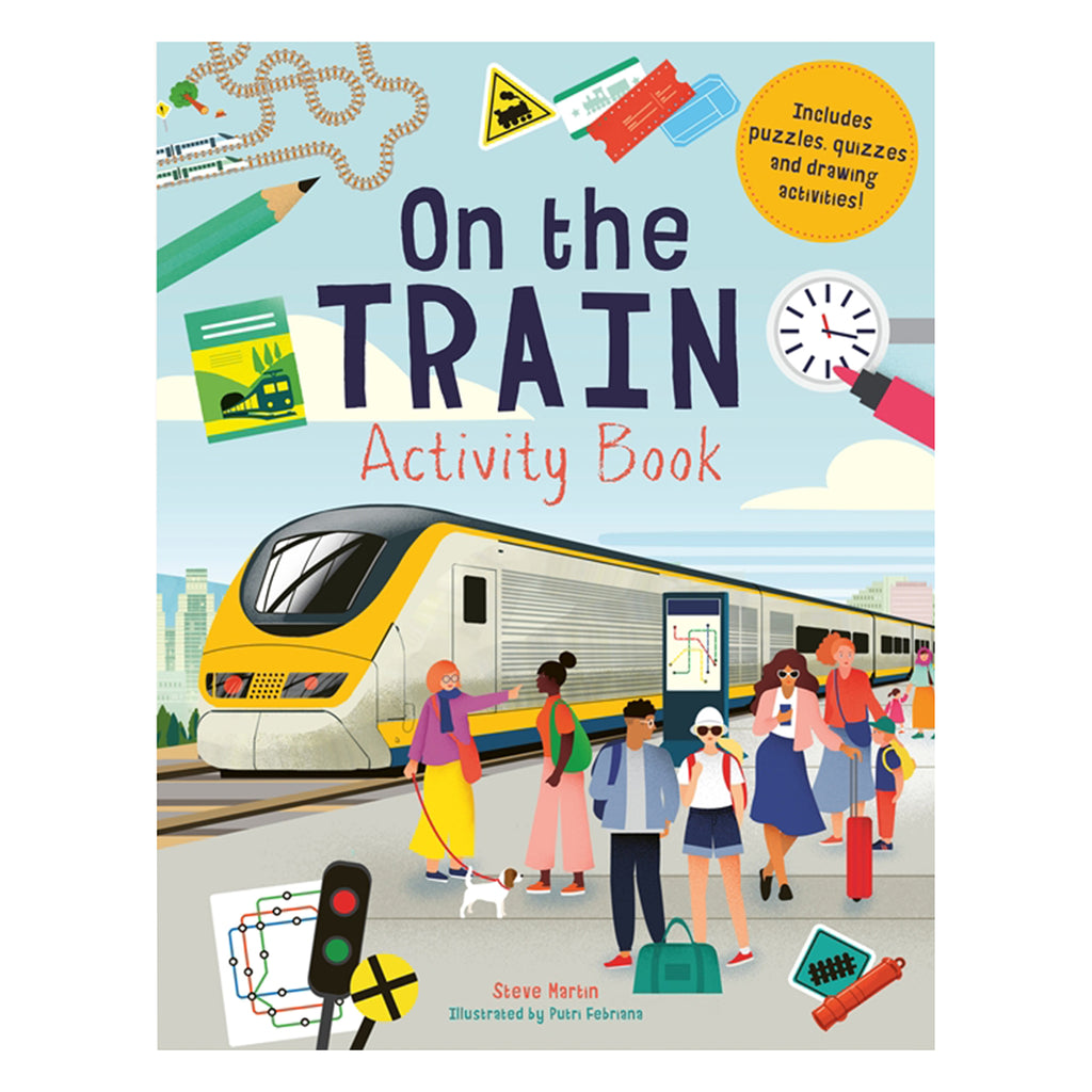 quarto on the train kids activity book with a train in the station with people on platform and other train related illustrations
