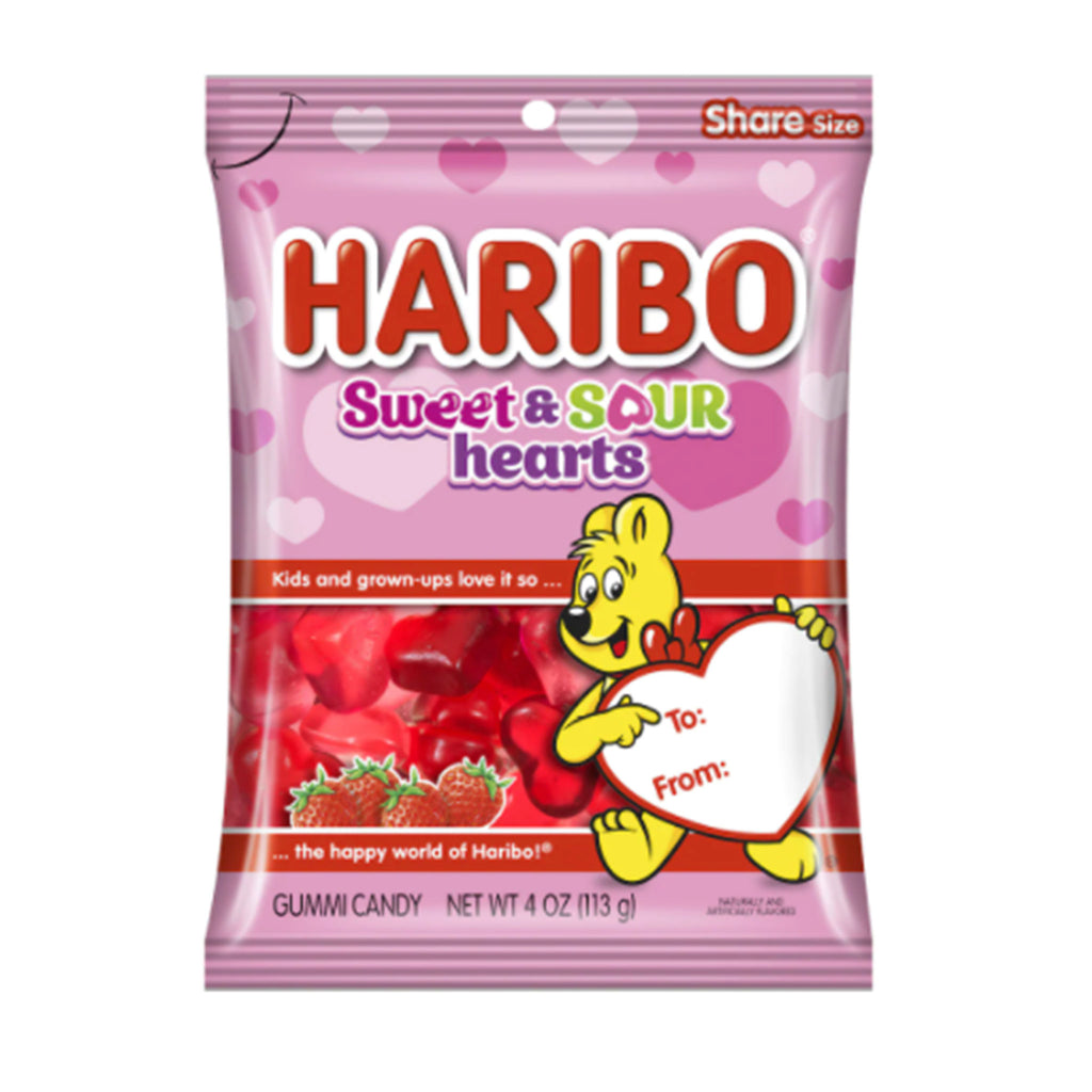 redstone foods haribo sweet and sour hearts gummi candy in pink peg bag with red heart gummies and a bear with "to" and "from" heart