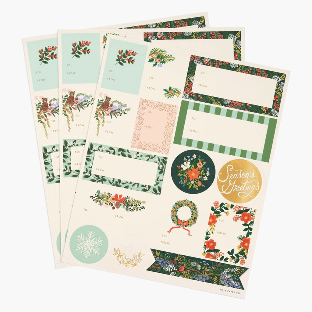 3 sheets of winter floral themed christmas gift tag stickers in blue, green, red, pink and gold color scheme.