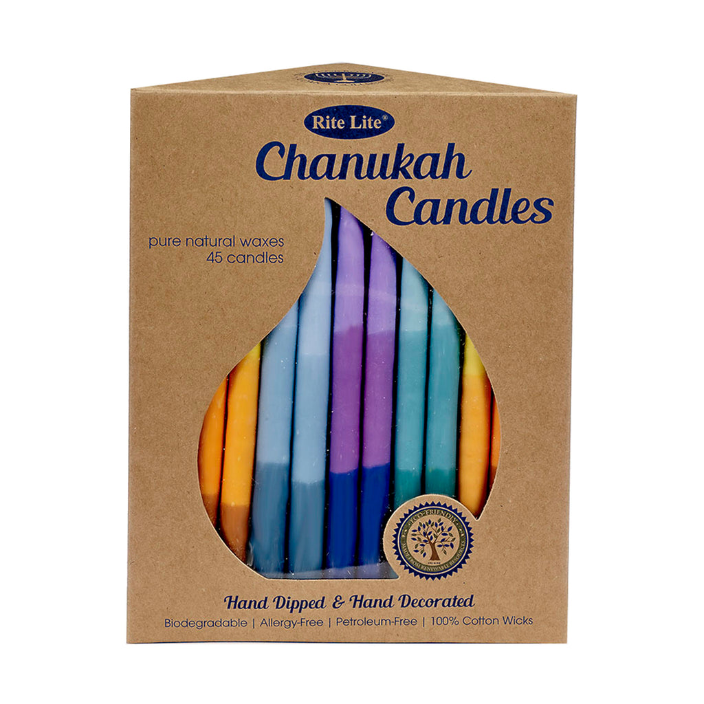 Pure natural vegetable wax Hanukkah menorah candles with a tri-color ombre design in a kraft paper box.