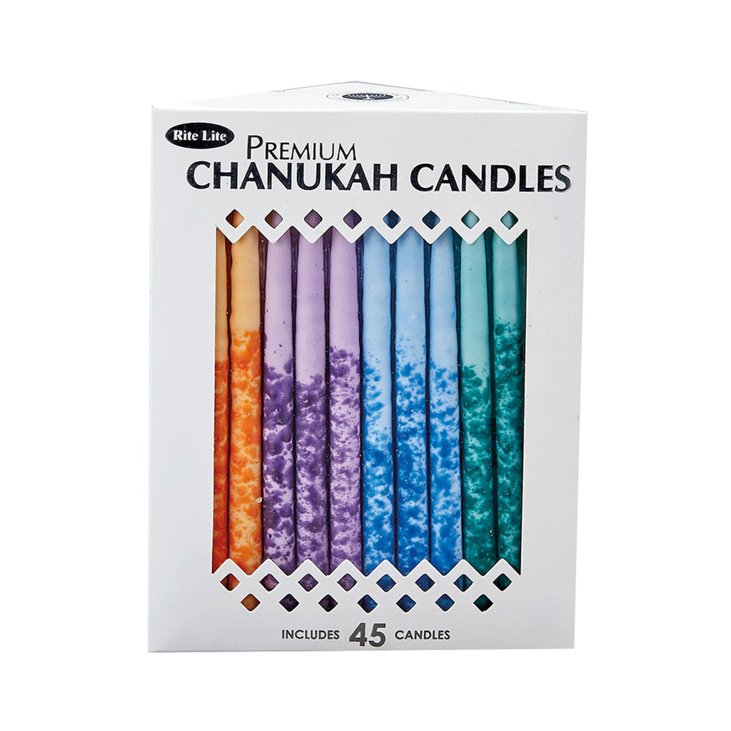 Premium multicolor chanukah hanukkah menorah candles in white box packaging with window to see candle colors.
