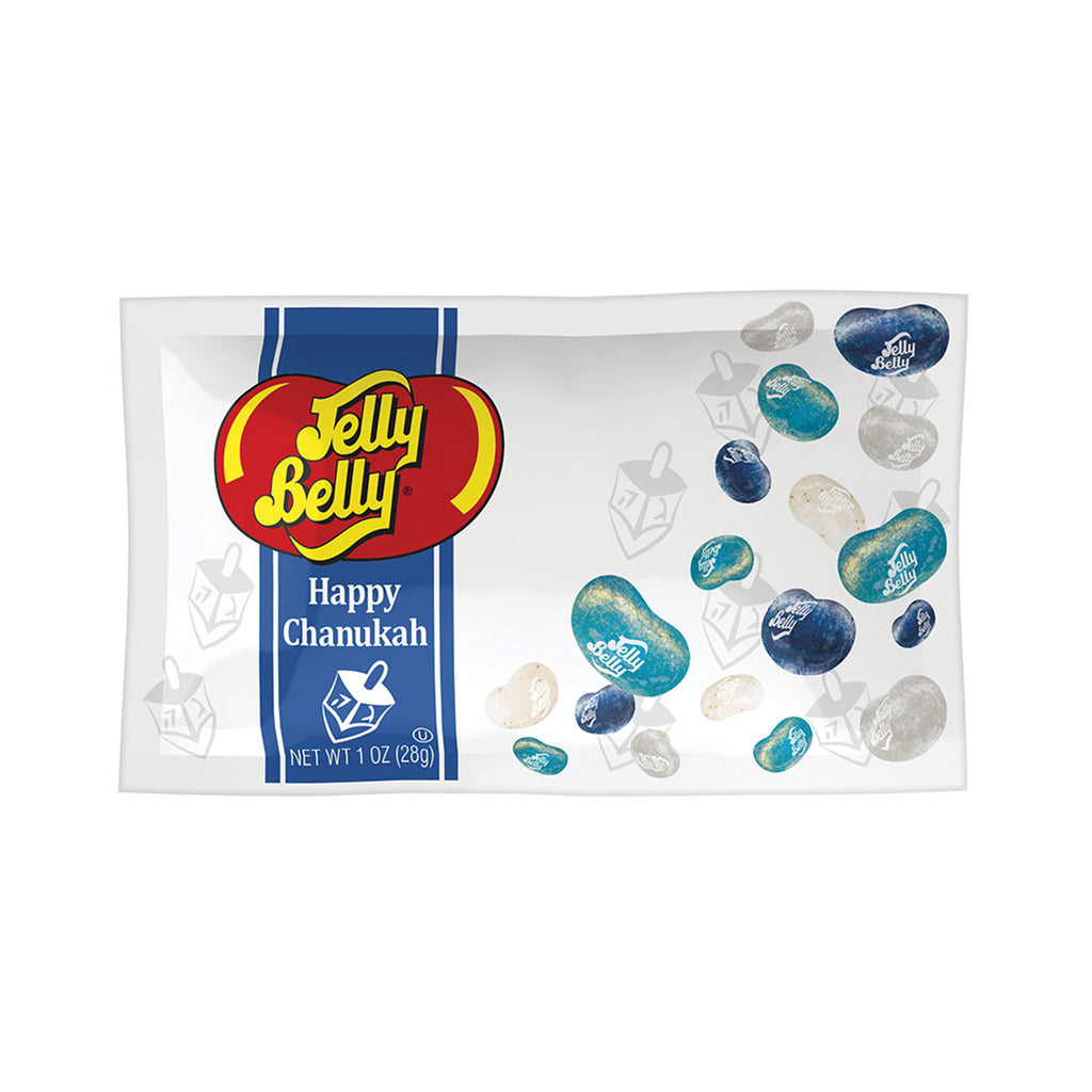 Jelly Belly assorted blue & white jelly beans in a white pouch with Happy Chanukah on the front and dreidel illustrations.