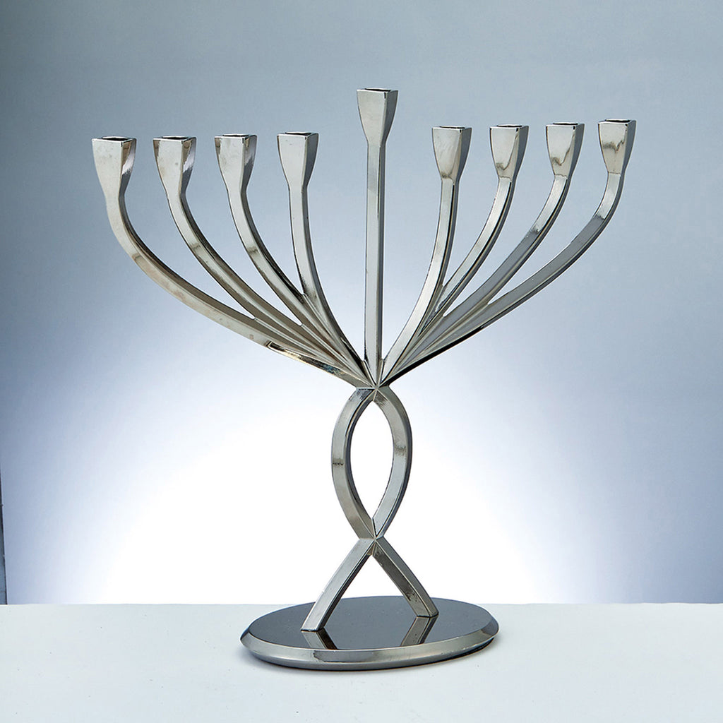 Modern aluminum menorah with a chrome finish on a gray background.