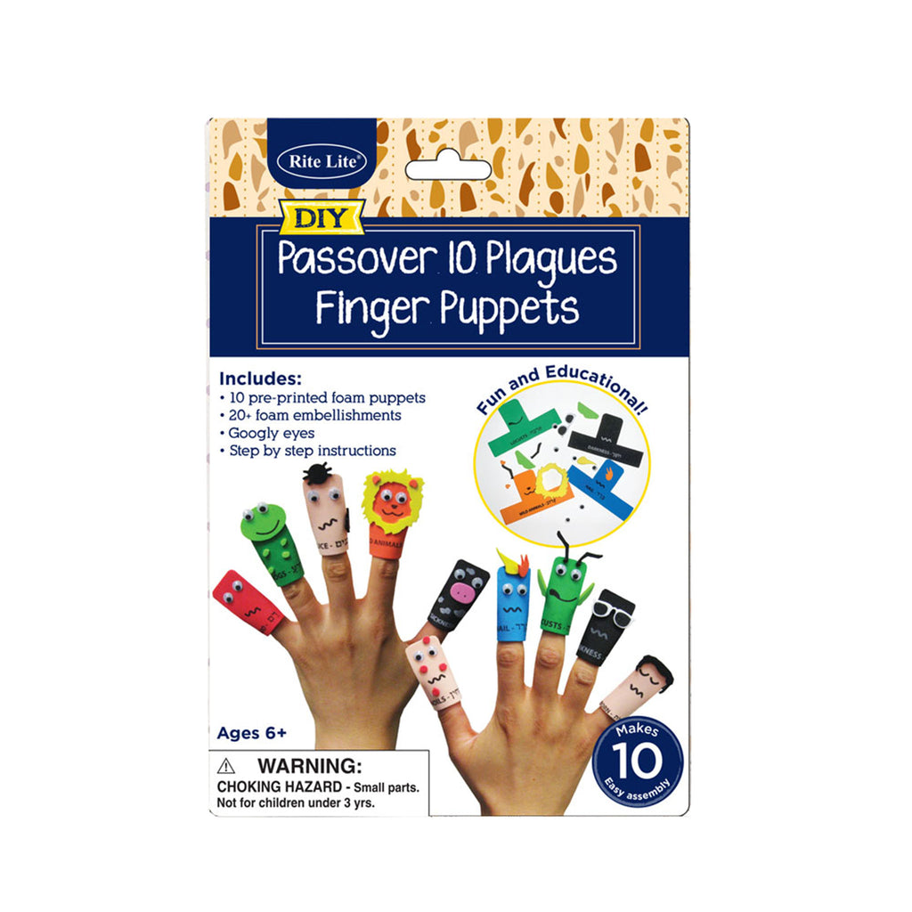 rite lite diy passover 10 plagues finger puppets packaging with description and photo of completed puppets on kids fingers