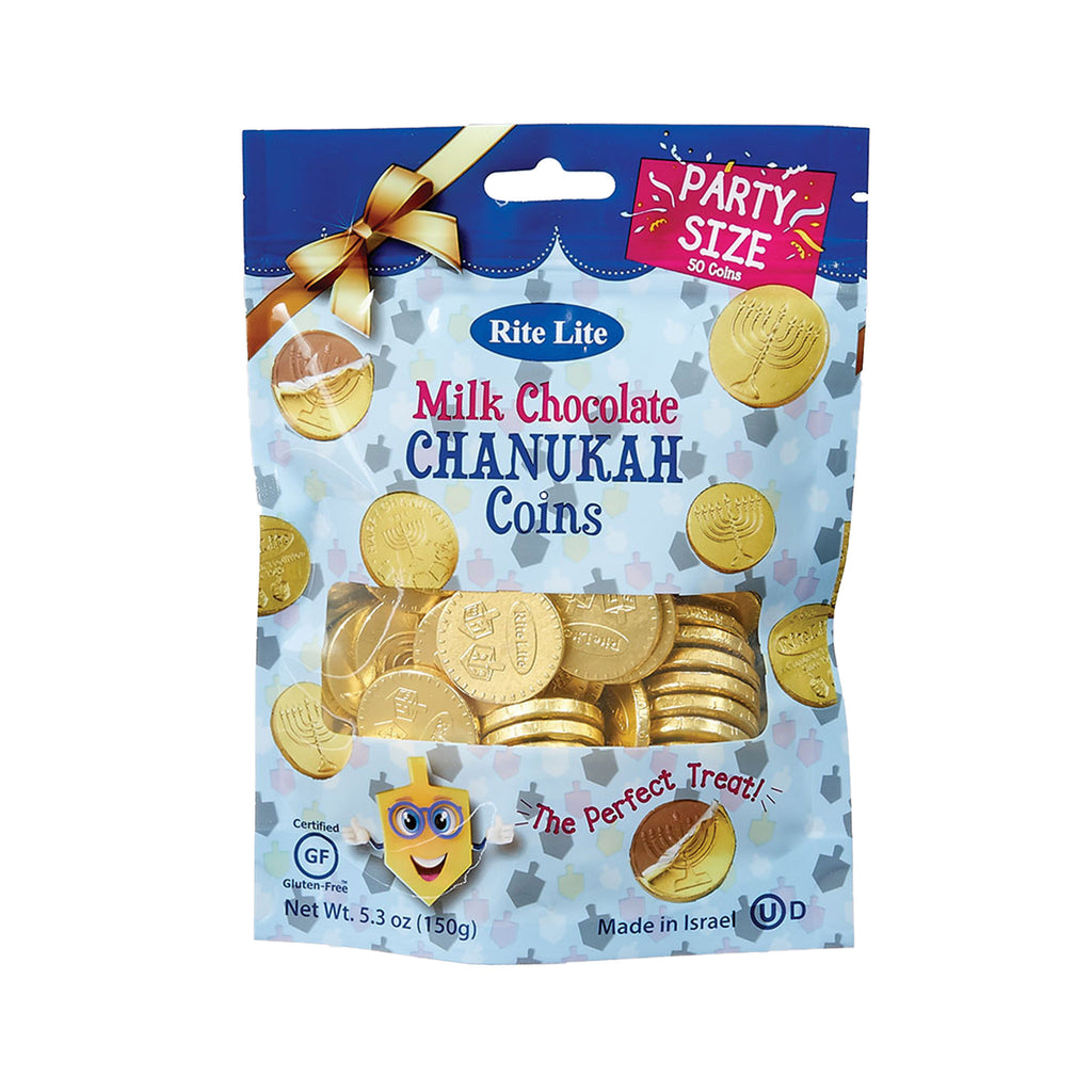 rite lite milk chocolate chanukah coins hanukkah gelt party size bag with 50 coins in packaging