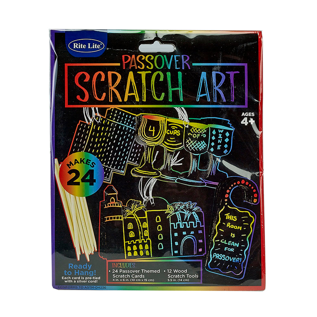 rite lite passover scratch paper art kit in packaging showing finished designs on a black backdrop