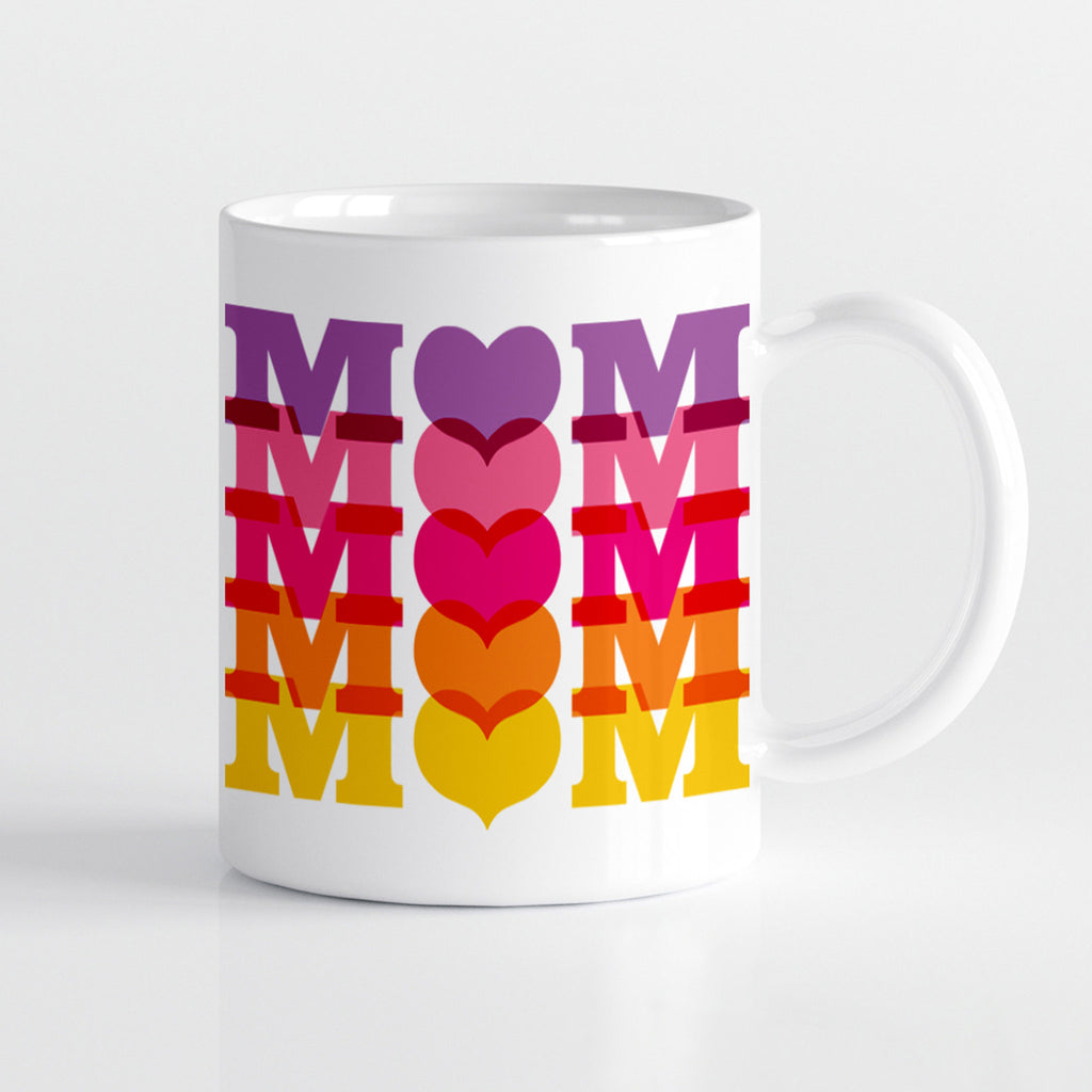White ceramic mug with "mom" in a repeating drop pattern in purple, 2 shades of pink, orange and yellow. The "o" in "mom" is a heart.