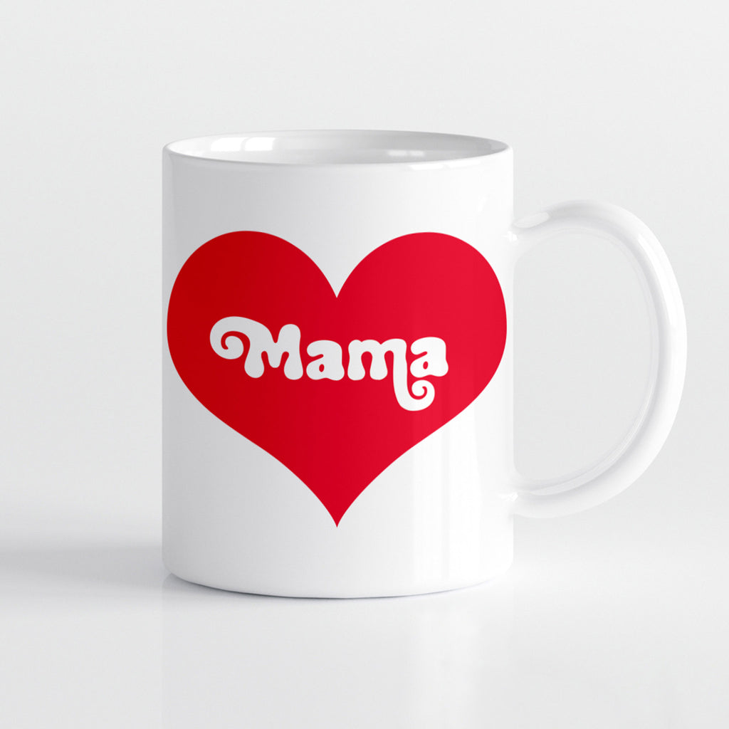 White ceramic mug with thin handle and "mama" in playful white lettering inside a red heart.