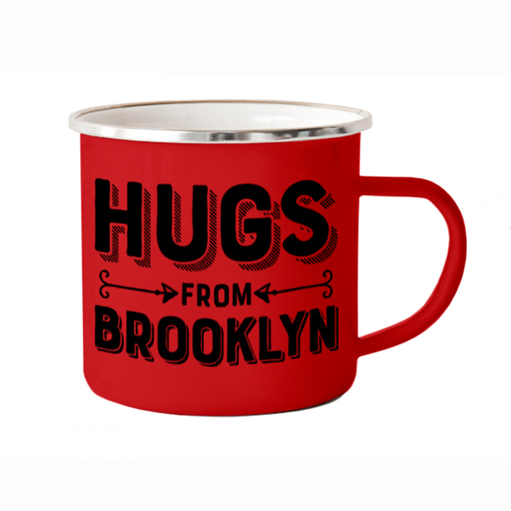 rock scissor paper red enamel stainless steel camp mug with hugs from brooklyn in black lettering