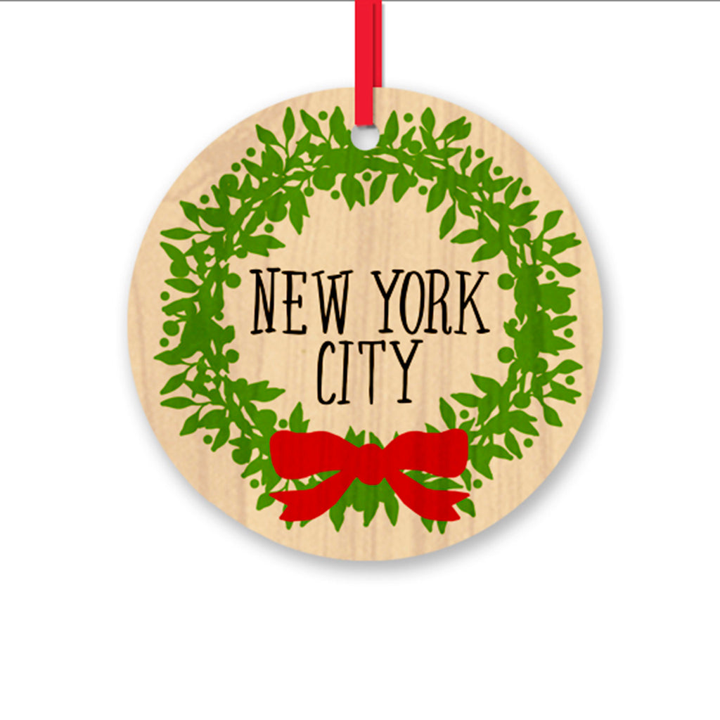 rock scissor paper new york city wreath round wood holiday christmas tree ornament