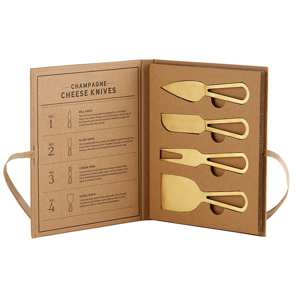 santa barbara design studio champagne gold stainless steel cheese knife set in open packaging