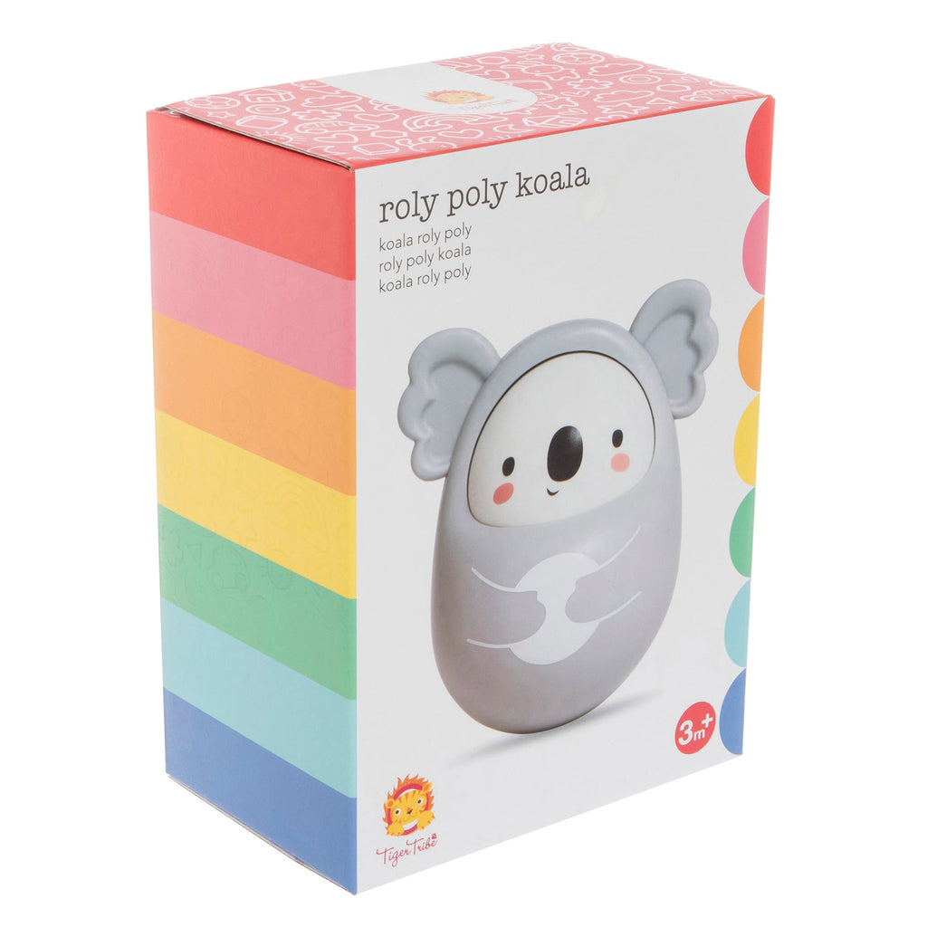 roly poly koala gray and white koala in packaging with rainbow stripes on the sides and a photo of the koala on the front