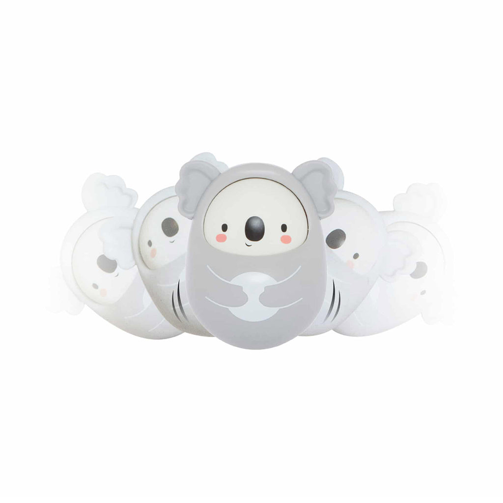 gray and white roly poly koala front view with side to side motion illustrated