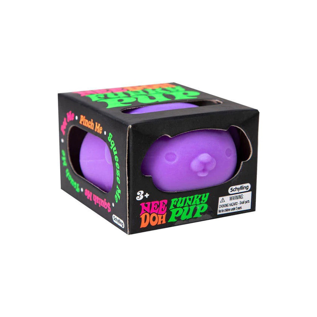 neon purple dog shaped nee doh fidget toy in black packaging with neon pink, orange and green lettering