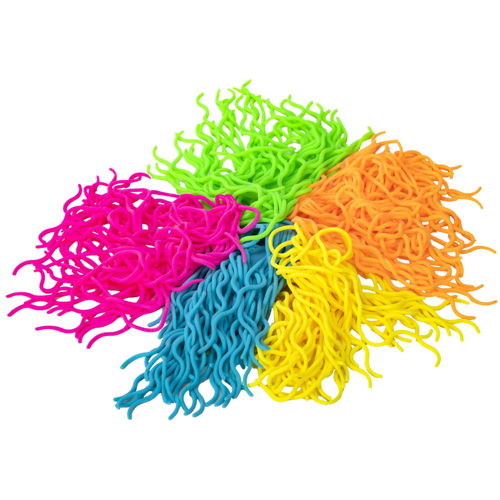 squishy neon green, orange, yellow, pink and blue ramen noodlies squishy fidget toy in piles on a white background