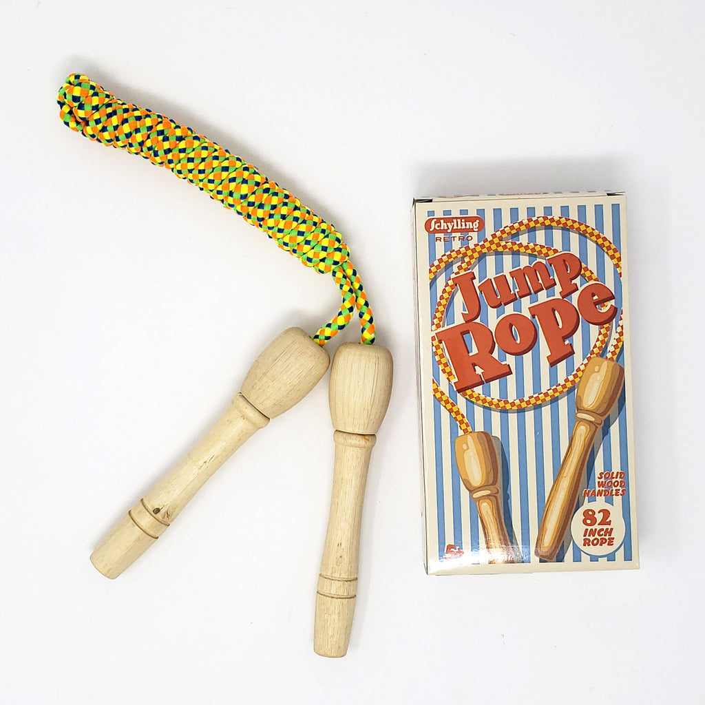 schylling retro classic style braided multicolored jump rope with wooden handles with box