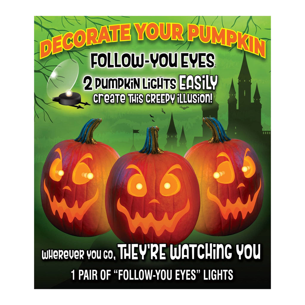 Front of packaging for 1 pair of pumpkin eye lights that create the illusion the jack-o-lantern's eyes are following you.