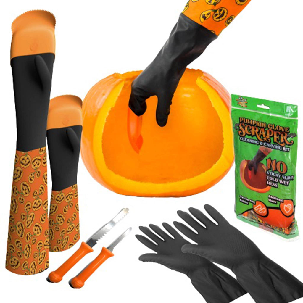 Pumpkin decorating kit with adult and kids glove with built-in scraper, plain latex gloves and 2 carving knives with packaging.