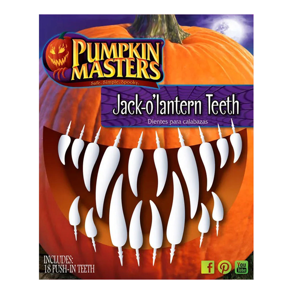 18 push-in white teeth fangs to decorate a pumpkin with, shown in packaging.