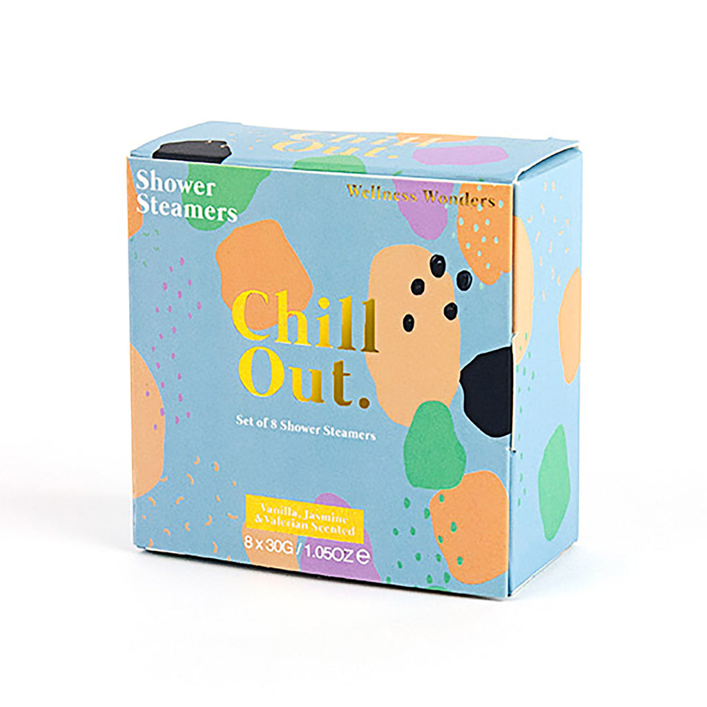 gift republic shower steamers in blue box with blobs of black, orange, green and purple with "chill out" in gold foil on the front